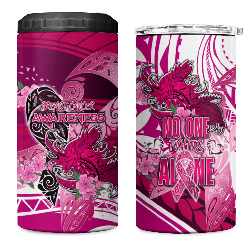 Breast Cancer Awareness Hawaii 4 in 1 Can Cooler Tumbler Polynesia Girl Nobody Fights Alone