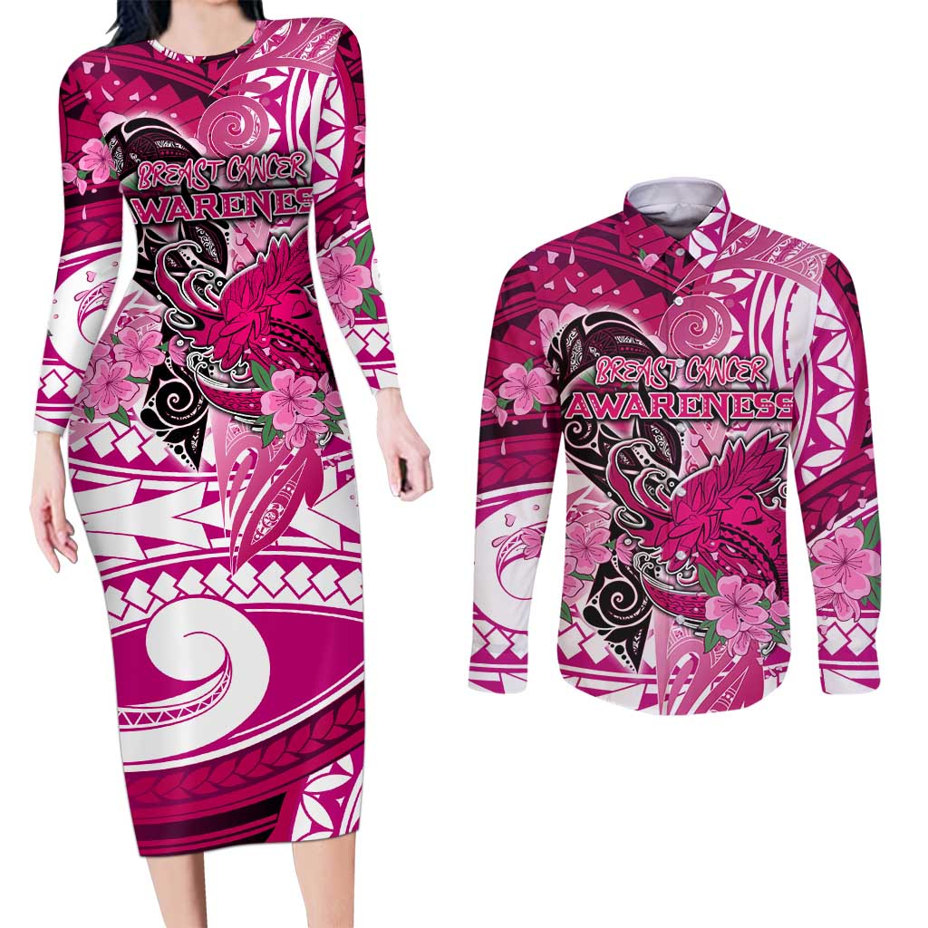 Breast Cancer Awareness Hawaii Couples Matching Long Sleeve Bodycon Dress and Long Sleeve Button Shirt Polynesia Girl Nobody Fights Alone