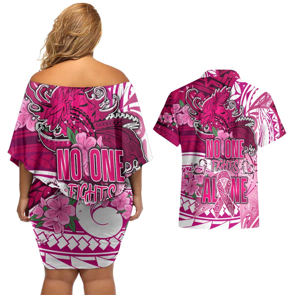 Breast Cancer Awareness Hawaii Couples Matching Off Shoulder Short Dress and Hawaiian Shirt Polynesia Girl Nobody Fights Alone