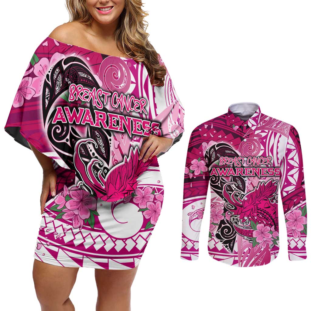 Breast Cancer Awareness Hawaii Couples Matching Off Shoulder Short Dress and Long Sleeve Button Shirt Polynesia Girl Nobody Fights Alone