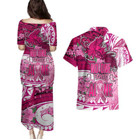 Breast Cancer Awareness Hawaii Couples Matching Puletasi and Hawaiian Shirt Polynesia Girl Nobody Fights Alone