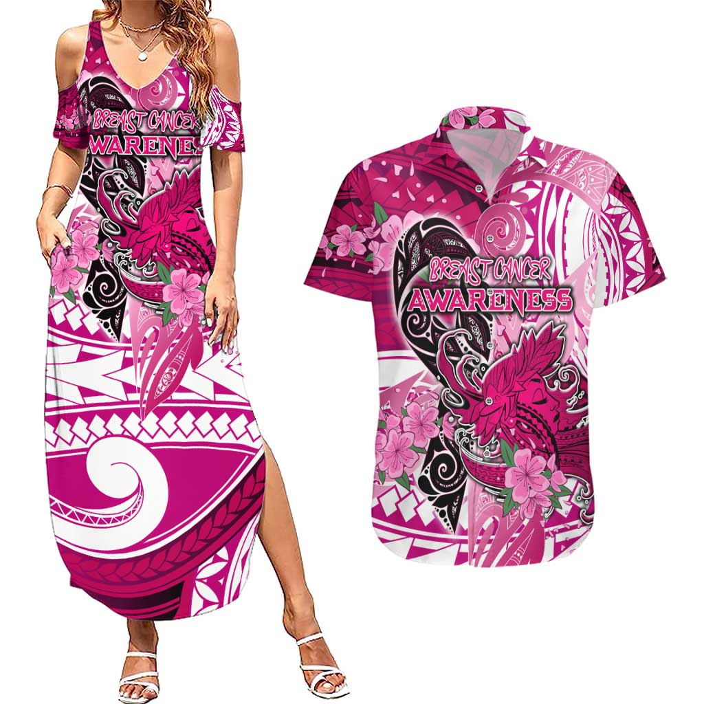 Breast Cancer Awareness Hawaii Couples Matching Summer Maxi Dress and Hawaiian Shirt Polynesia Girl Nobody Fights Alone