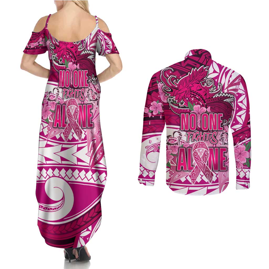 Breast Cancer Awareness Hawaii Couples Matching Summer Maxi Dress and Long Sleeve Button Shirt Polynesia Girl Nobody Fights Alone