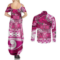 Breast Cancer Awareness Hawaii Couples Matching Summer Maxi Dress and Long Sleeve Button Shirt Polynesia Girl Nobody Fights Alone