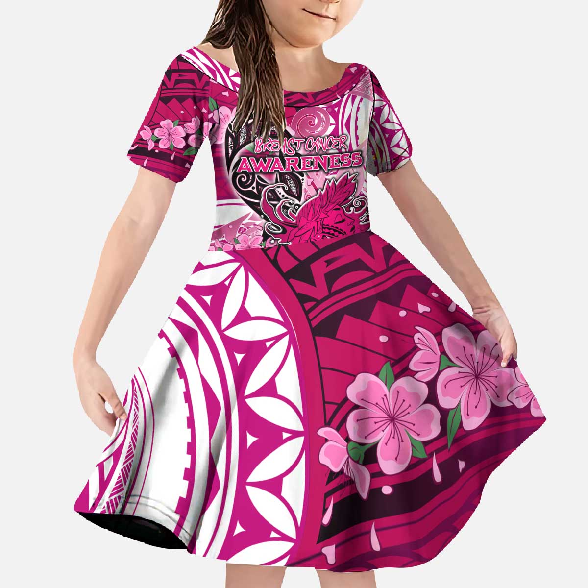 Breast Cancer Awareness Hawaii Family Matching Off The Shoulder Long Sleeve Dress and Hawaiian Shirt Polynesia Girl Nobody Fights Alone