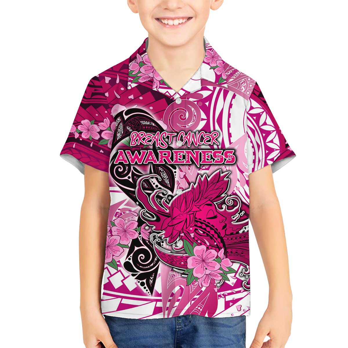 Breast Cancer Awareness Hawaii Family Matching Off The Shoulder Long Sleeve Dress and Hawaiian Shirt Polynesia Girl Nobody Fights Alone