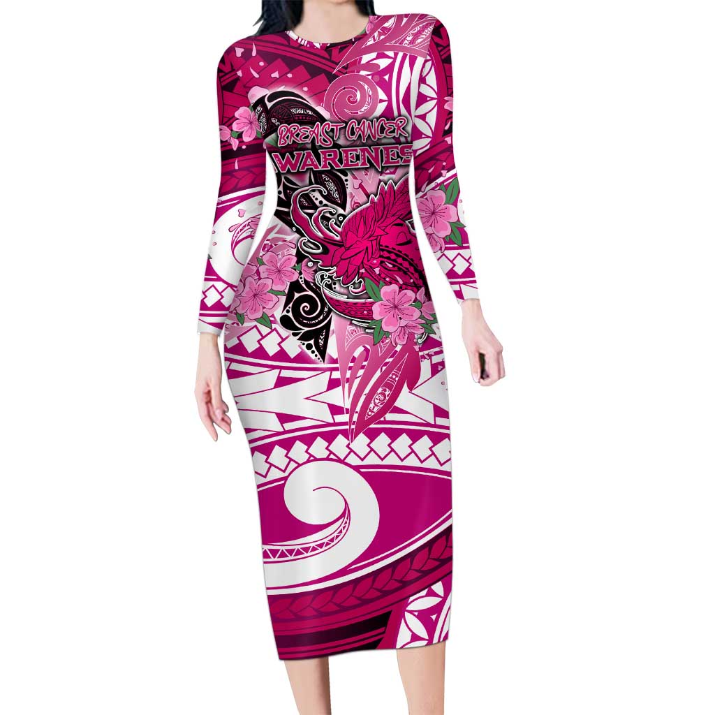 Breast Cancer Awareness Hawaii Long Sleeve Bodycon Dress Polynesia Girl Nobody Fights Alone