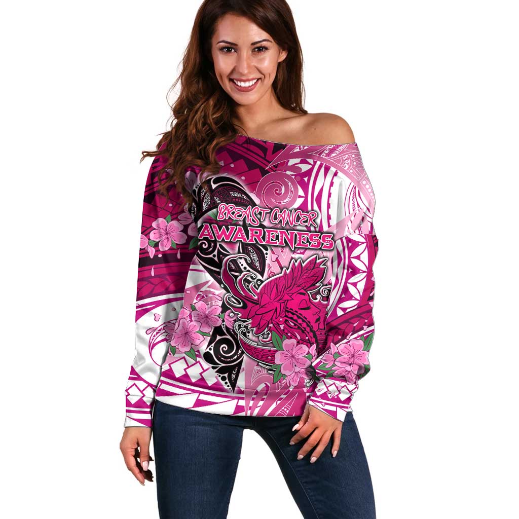 Breast Cancer Awareness Hawaii Off Shoulder Sweater Polynesia Girl Nobody Fights Alone