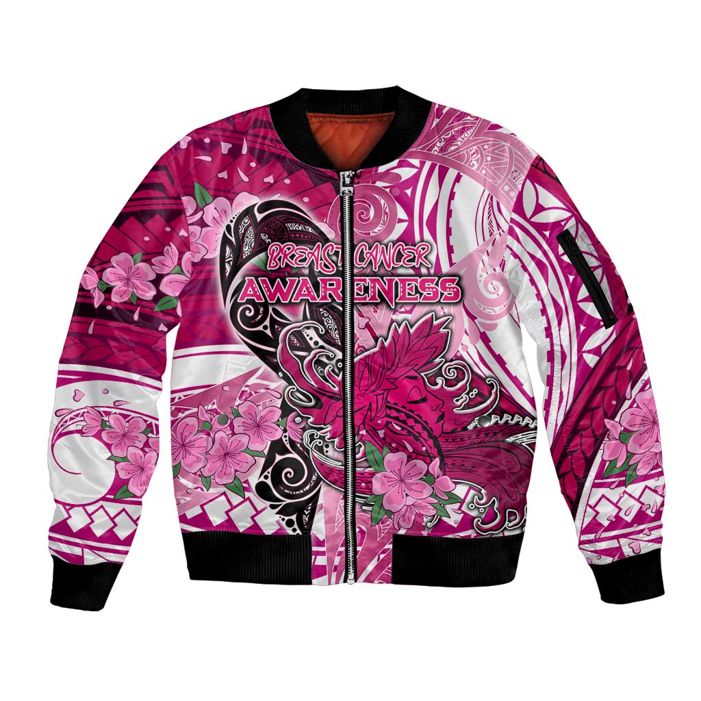 Breast Cancer Awareness Hawaii Sleeve Zip Bomber Jacket Polynesia Girl Nobody Fights Alone