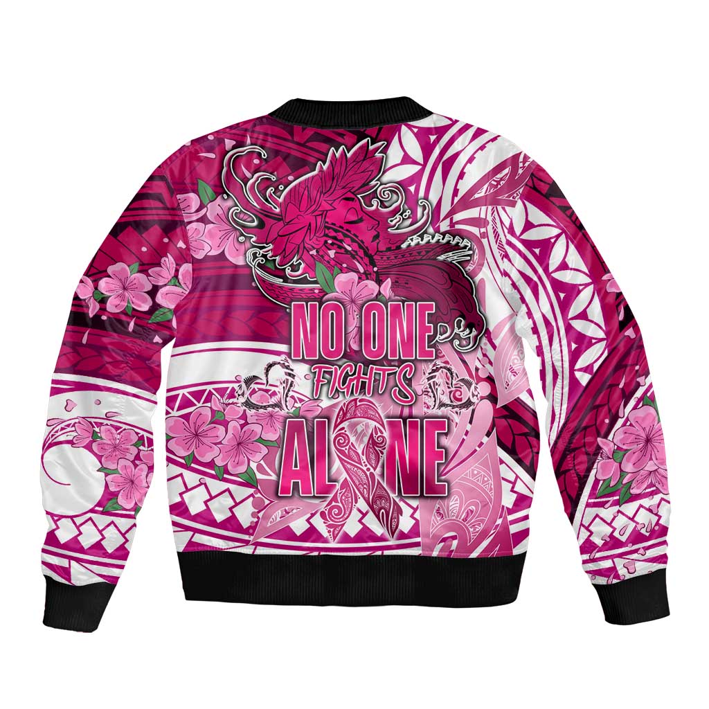 Breast Cancer Awareness Hawaii Sleeve Zip Bomber Jacket Polynesia Girl Nobody Fights Alone