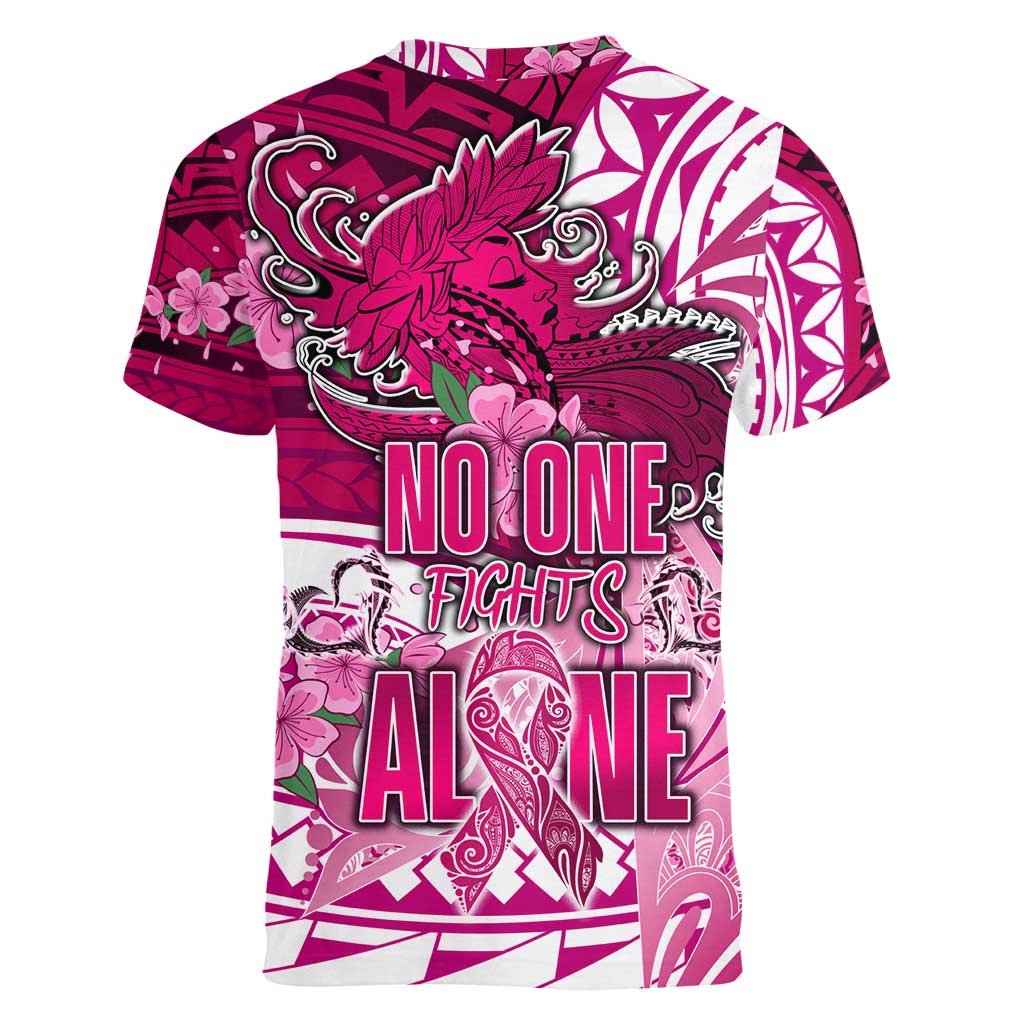 Breast Cancer Awareness Hawaii Women V-Neck T-Shirt Polynesia Girl Nobody Fights Alone