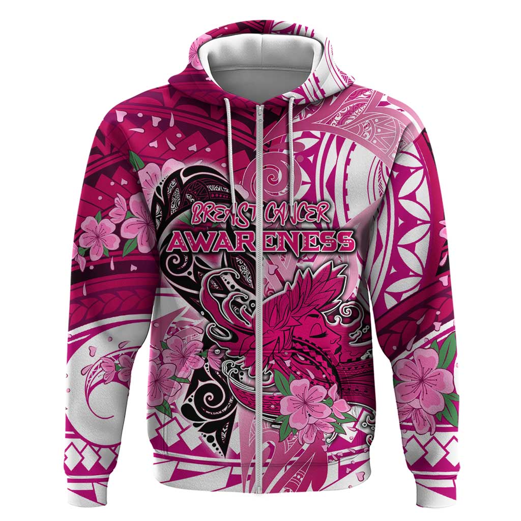 Breast Cancer Awareness Hawaii Zip Hoodie Polynesia Girl Nobody Fights Alone