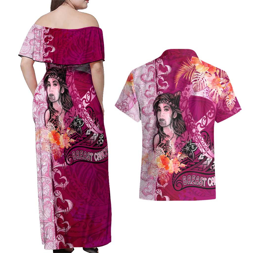 Breast Cancer New Zealand Couples Matching Off Shoulder Maxi Dress and Hawaiian Shirt Maori Aotearoa Girl Pink Out