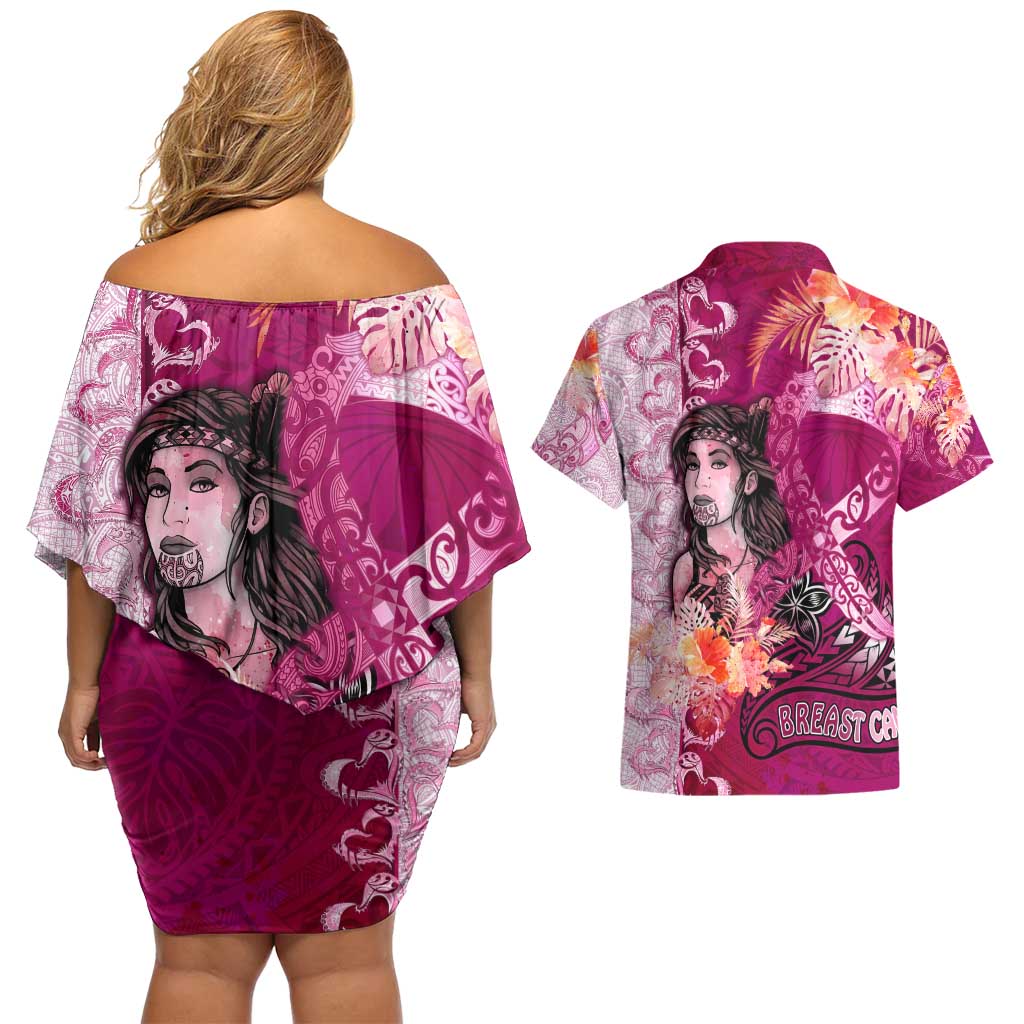 Breast Cancer New Zealand Couples Matching Off Shoulder Short Dress and Hawaiian Shirt Maori Aotearoa Girl Pink Out