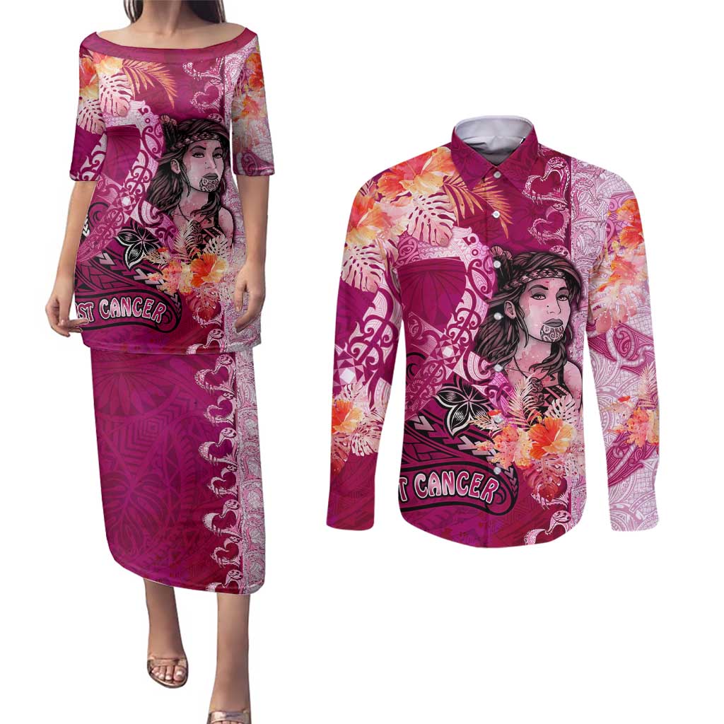 Breast Cancer New Zealand Couples Matching Puletasi and Long Sleeve Button Shirt Maori Aotearoa Girl Pink Out DT02 Pink - Polynesian Pride