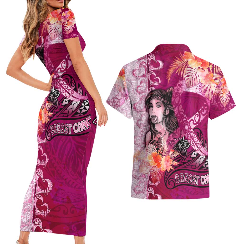 Breast Cancer New Zealand Couples Matching Short Sleeve Bodycon Dress and Hawaiian Shirt Maori Aotearoa Girl Pink Out