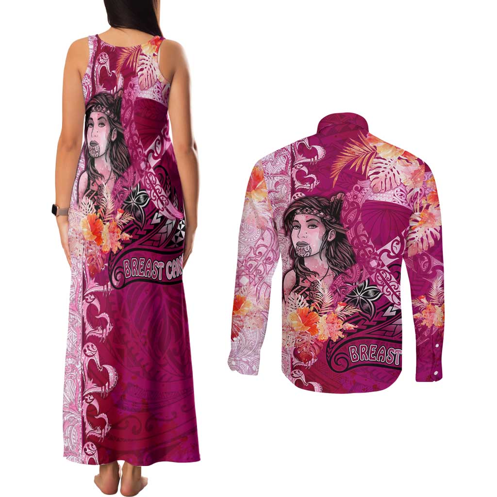 Breast Cancer New Zealand Couples Matching Tank Maxi Dress and Long Sleeve Button Shirt Maori Aotearoa Girl Pink Out