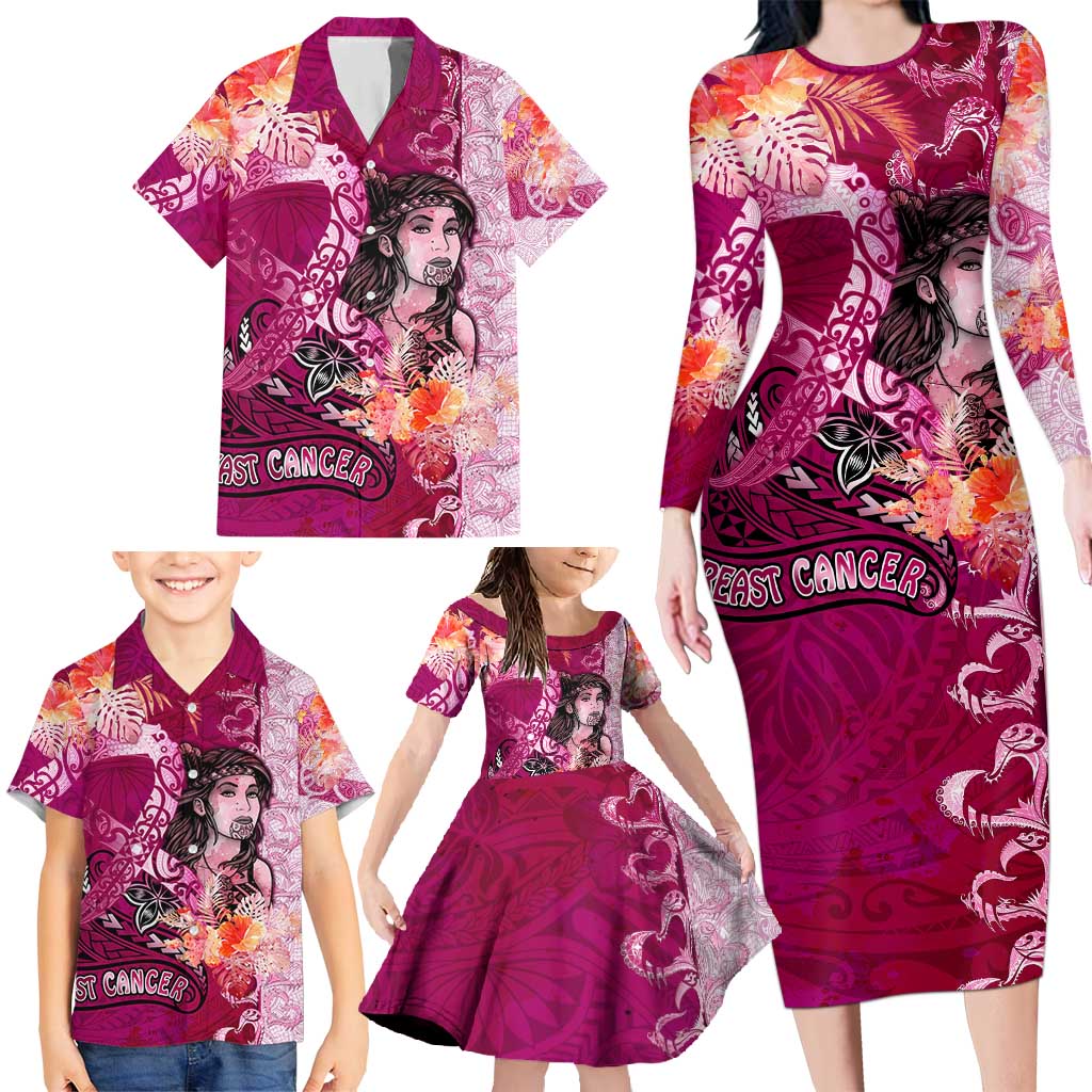 Breast Cancer New Zealand Family Matching Long Sleeve Bodycon Dress and Hawaiian Shirt Maori Aotearoa Girl Pink Out DT02 - Polynesian Pride