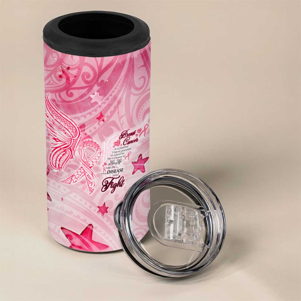 Breast Cancer Awareness Month 4 in 1 Can Cooler Tumbler Butterfly Polynesia Watercolor Pink