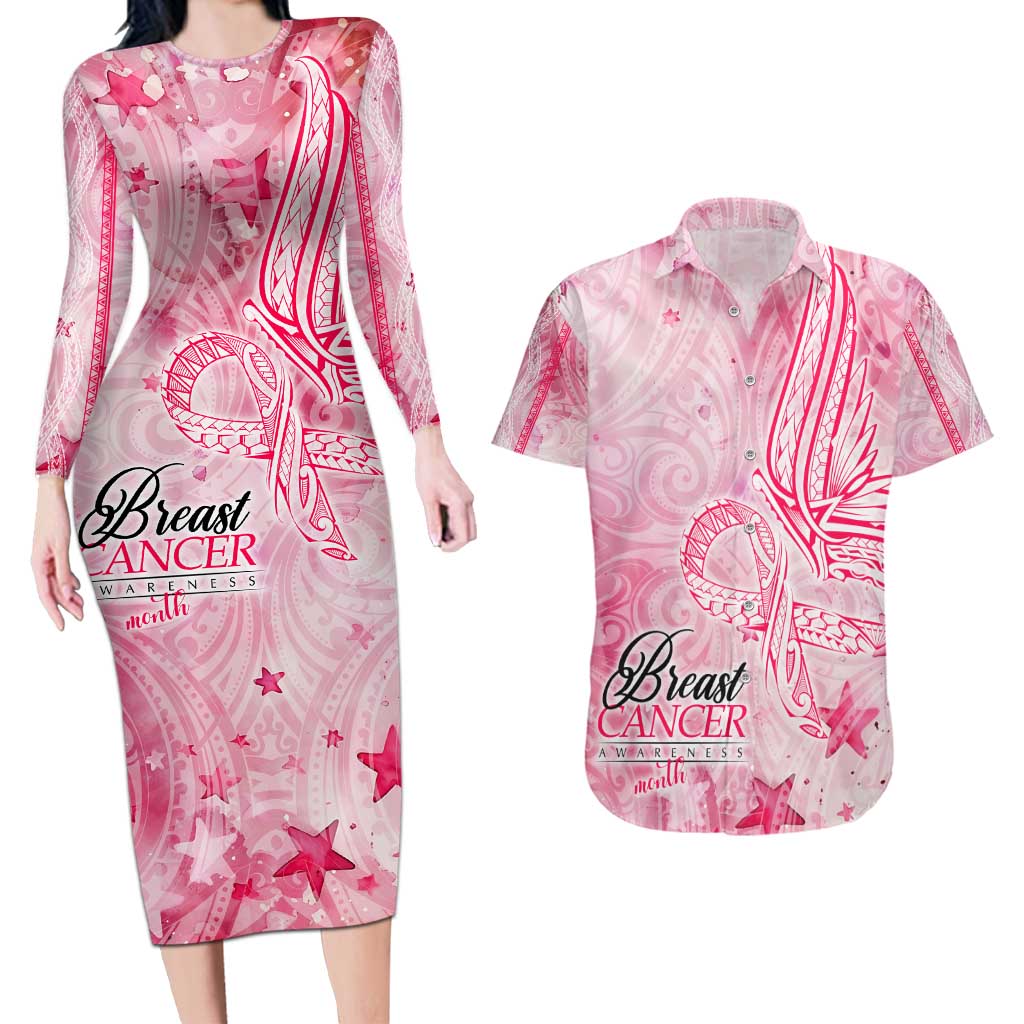 Breast Cancer Awareness Month Couples Matching Long Sleeve Bodycon Dress and Hawaiian Shirt Butterfly Polynesia Watercolor Pink