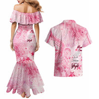 Breast Cancer Awareness Month Couples Matching Mermaid Dress and Hawaiian Shirt Butterfly Polynesia Watercolor Pink