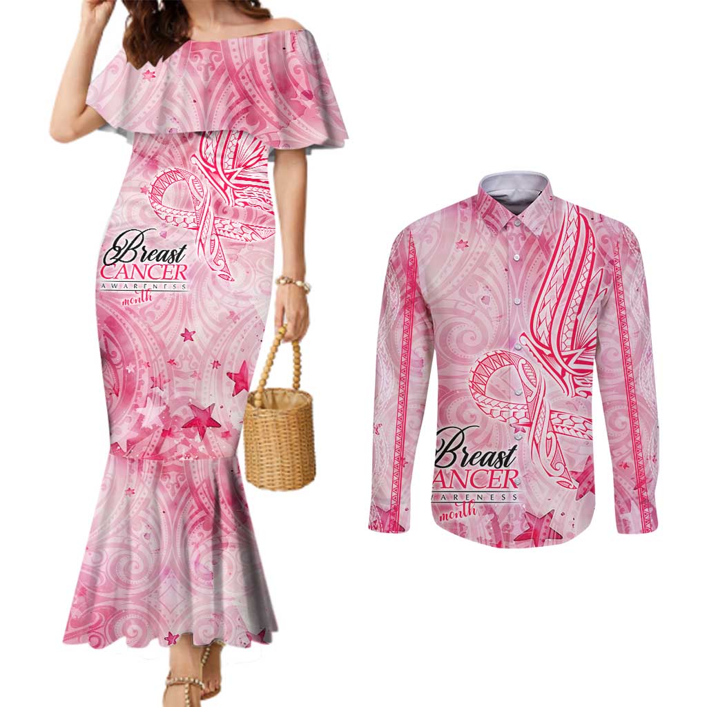 Breast Cancer Awareness Month Couples Matching Mermaid Dress and Long Sleeve Button Shirt Butterfly Polynesia Watercolor Pink