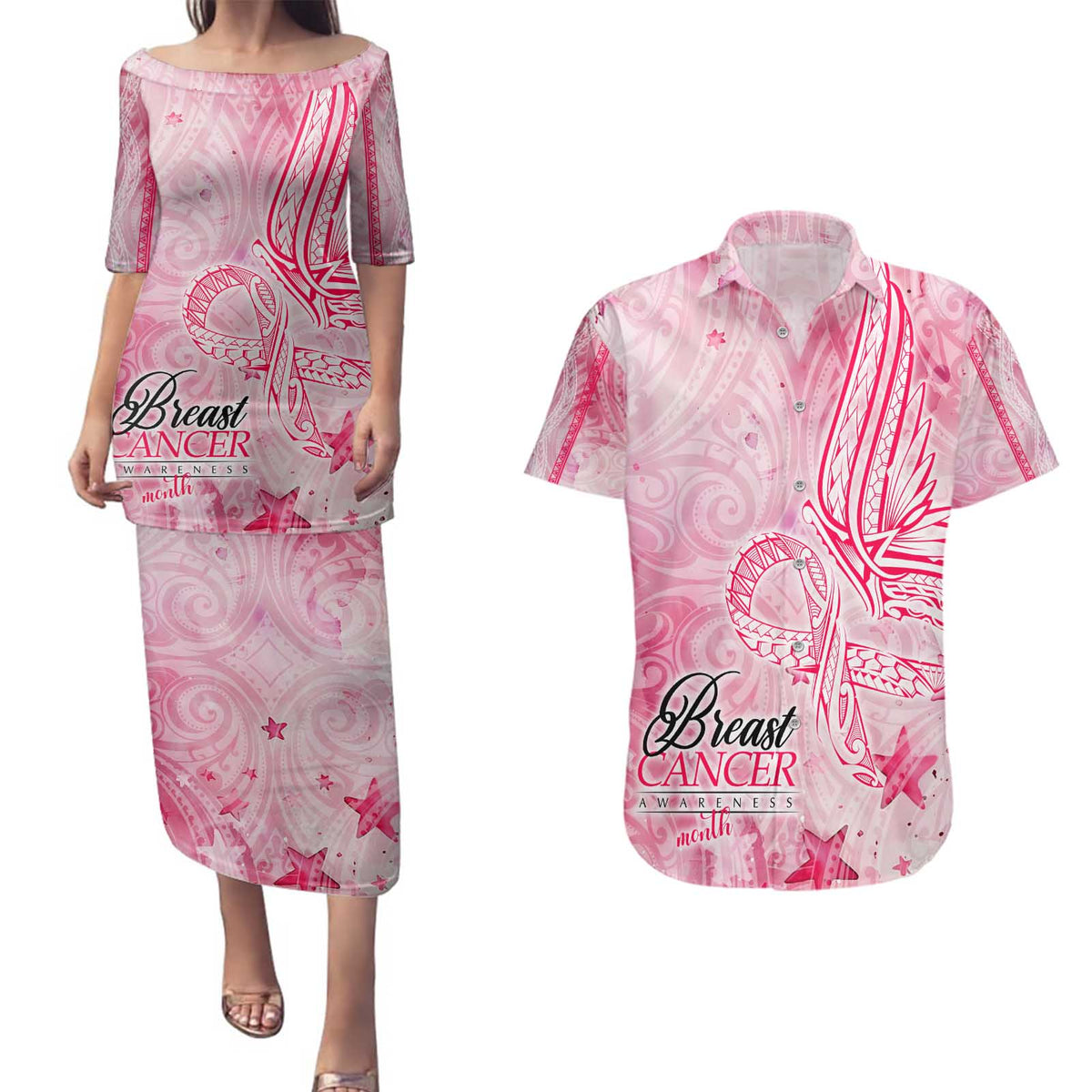 Breast Cancer Awareness Month Couples Matching Puletasi and Hawaiian Shirt Butterfly Polynesia Watercolor Pink