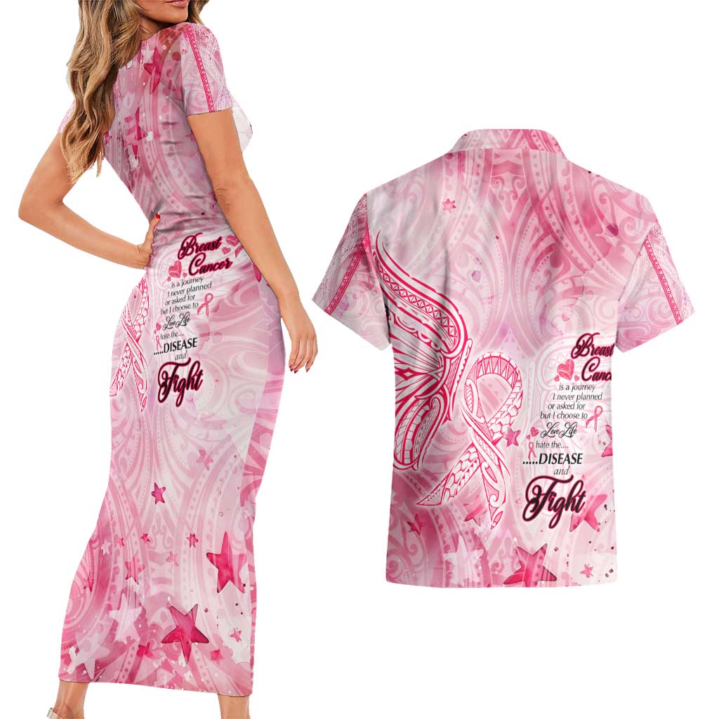 Breast Cancer Awareness Month Couples Matching Short Sleeve Bodycon Dress and Hawaiian Shirt Butterfly Polynesia Watercolor Pink