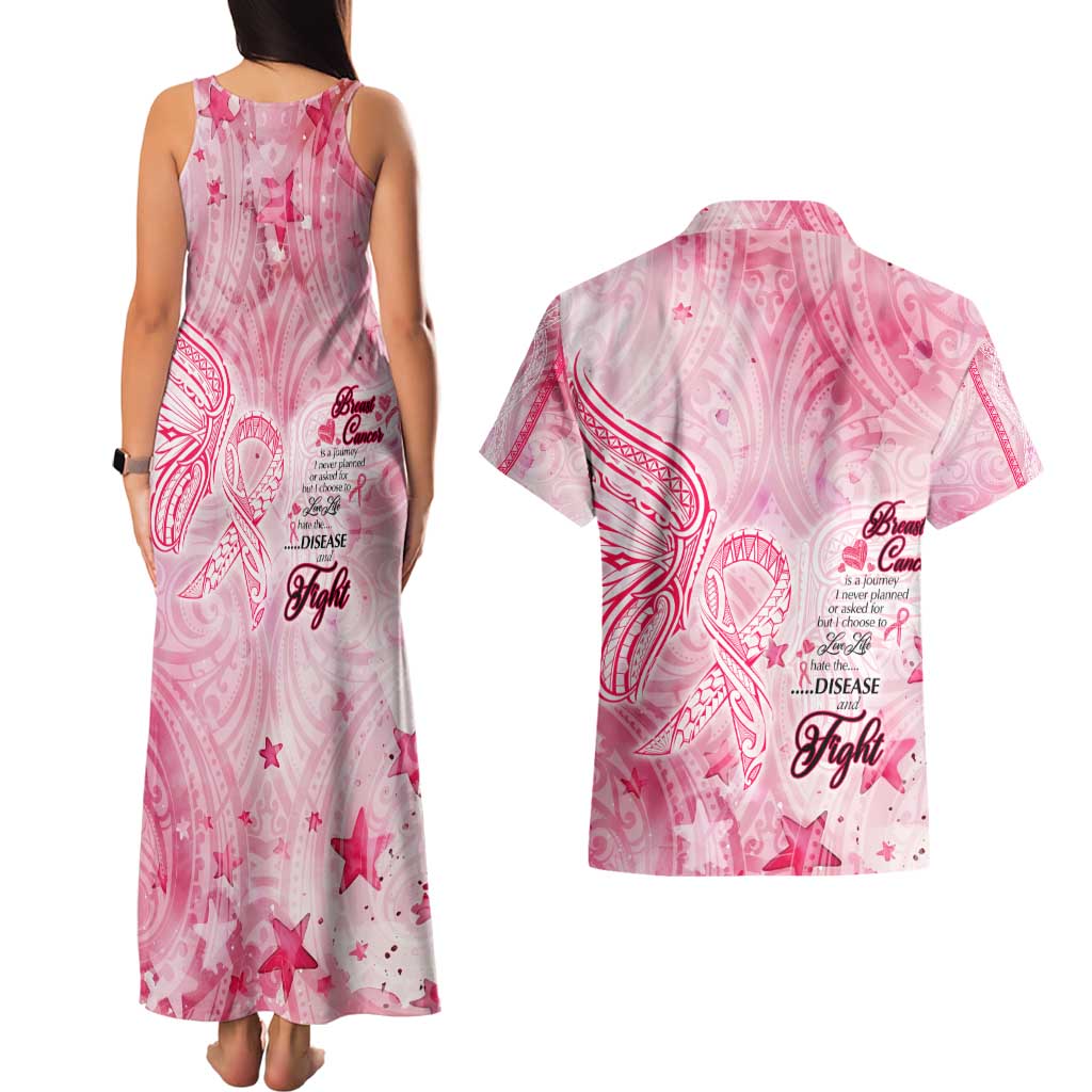 Breast Cancer Awareness Month Couples Matching Tank Maxi Dress and Hawaiian Shirt Butterfly Polynesia Watercolor Pink