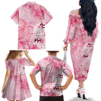 Breast Cancer Awareness Month Family Matching Off The Shoulder Long Sleeve Dress and Hawaiian Shirt Butterfly Polynesia Watercolor Pink