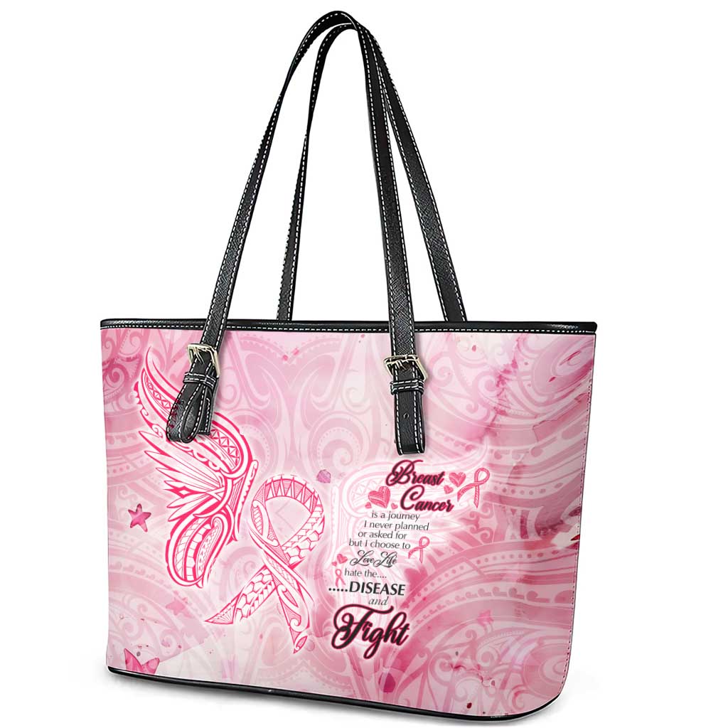 Breast Cancer Awareness Month Leather Tote Bag Butterfly Polynesia Watercolor Pink
