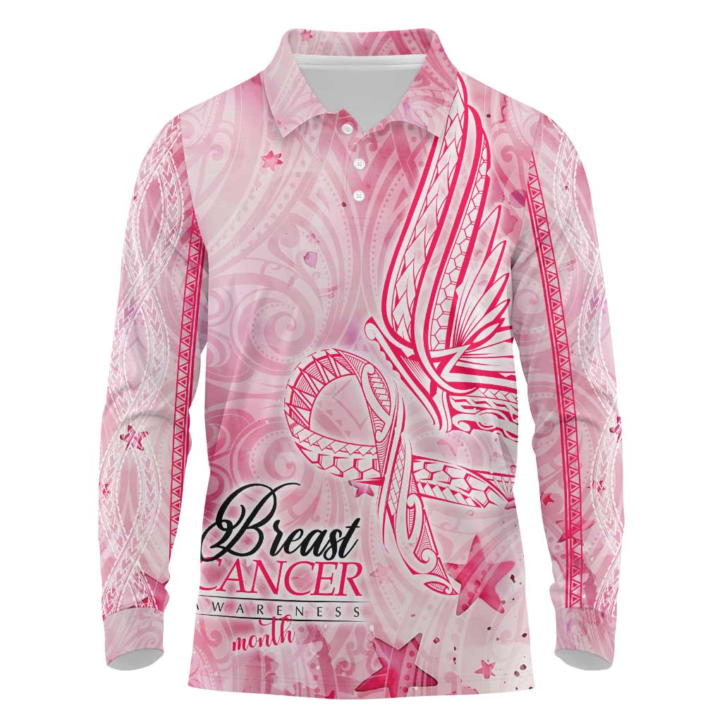 Breast Cancer Awareness Month Long Sleeve Polo Shirt Butterfly Polynesia Watercolor Pink