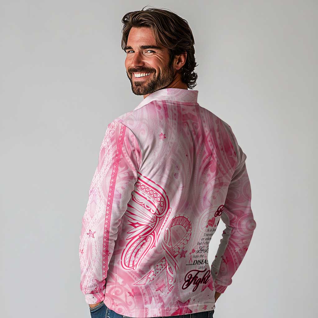 Breast Cancer Awareness Month Long Sleeve Polo Shirt Butterfly Polynesia Watercolor Pink