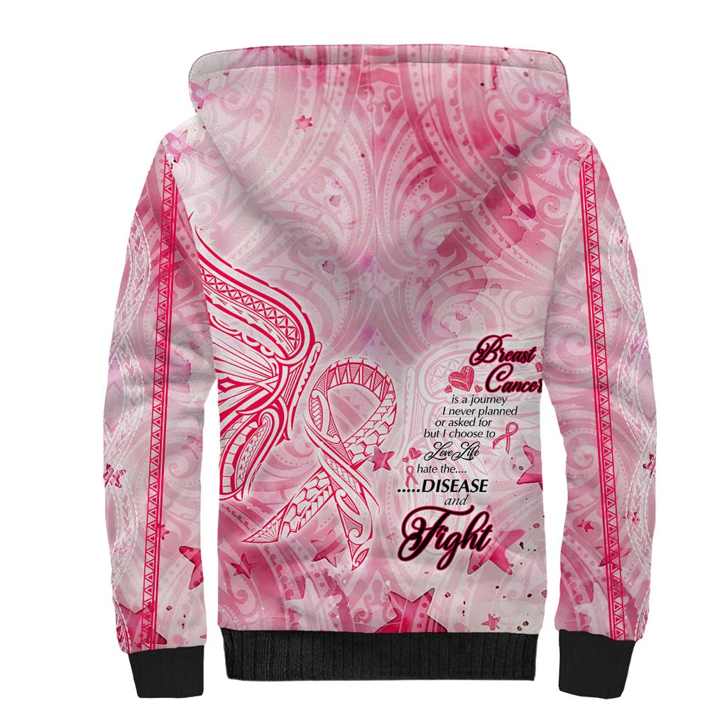 Breast Cancer Awareness Month Sherpa Hoodie Butterfly Polynesia Watercolor Pink