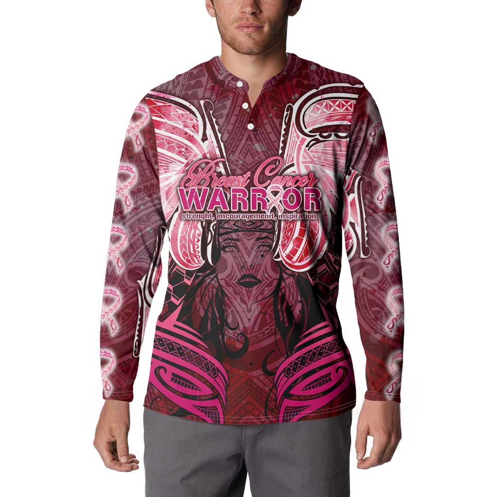 Breast Cancer Warrior Button Sweatshirt Angel Wings Polynesian Pattern
