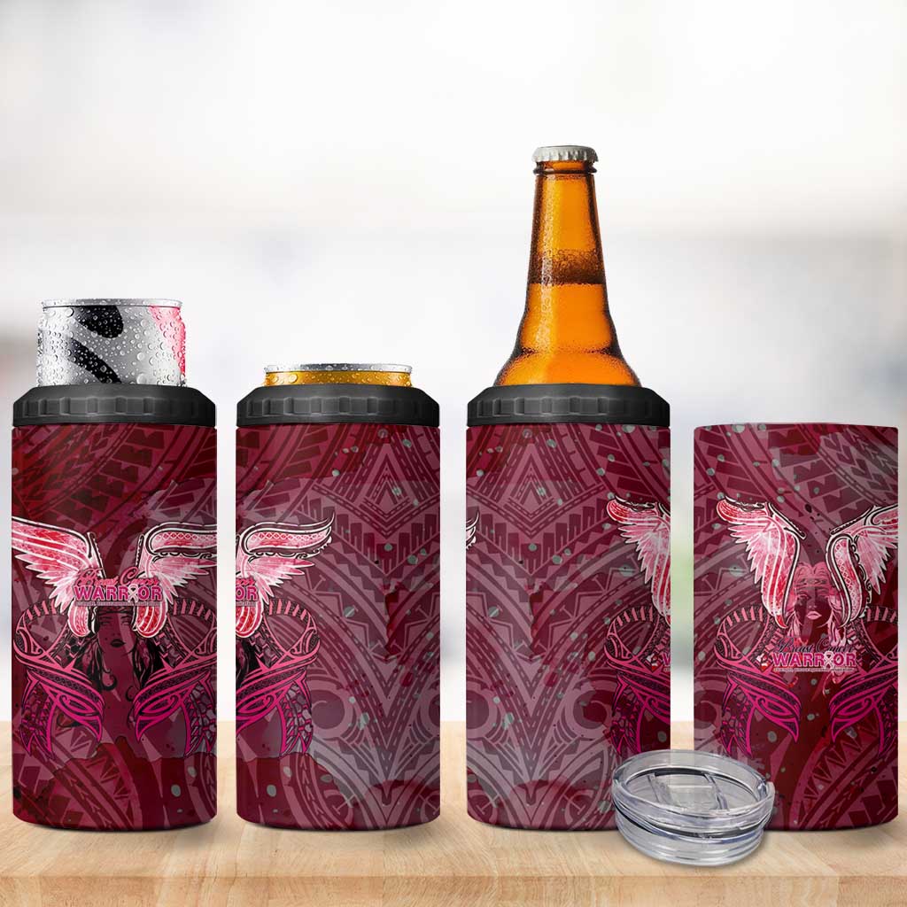 Breast Cancer Warrior 4 in 1 Can Cooler Tumbler Angel Wings Polynesian Pattern