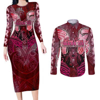 Breast Cancer Warrior Couples Matching Long Sleeve Bodycon Dress and Long Sleeve Button Shirt Angel Wings Polynesian Pattern