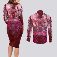 Breast Cancer Warrior Couples Matching Long Sleeve Bodycon Dress and Long Sleeve Button Shirt Angel Wings Polynesian Pattern