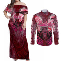 Breast Cancer Warrior Couples Matching Off Shoulder Maxi Dress and Long Sleeve Button Shirt Angel Wings Polynesian Pattern
