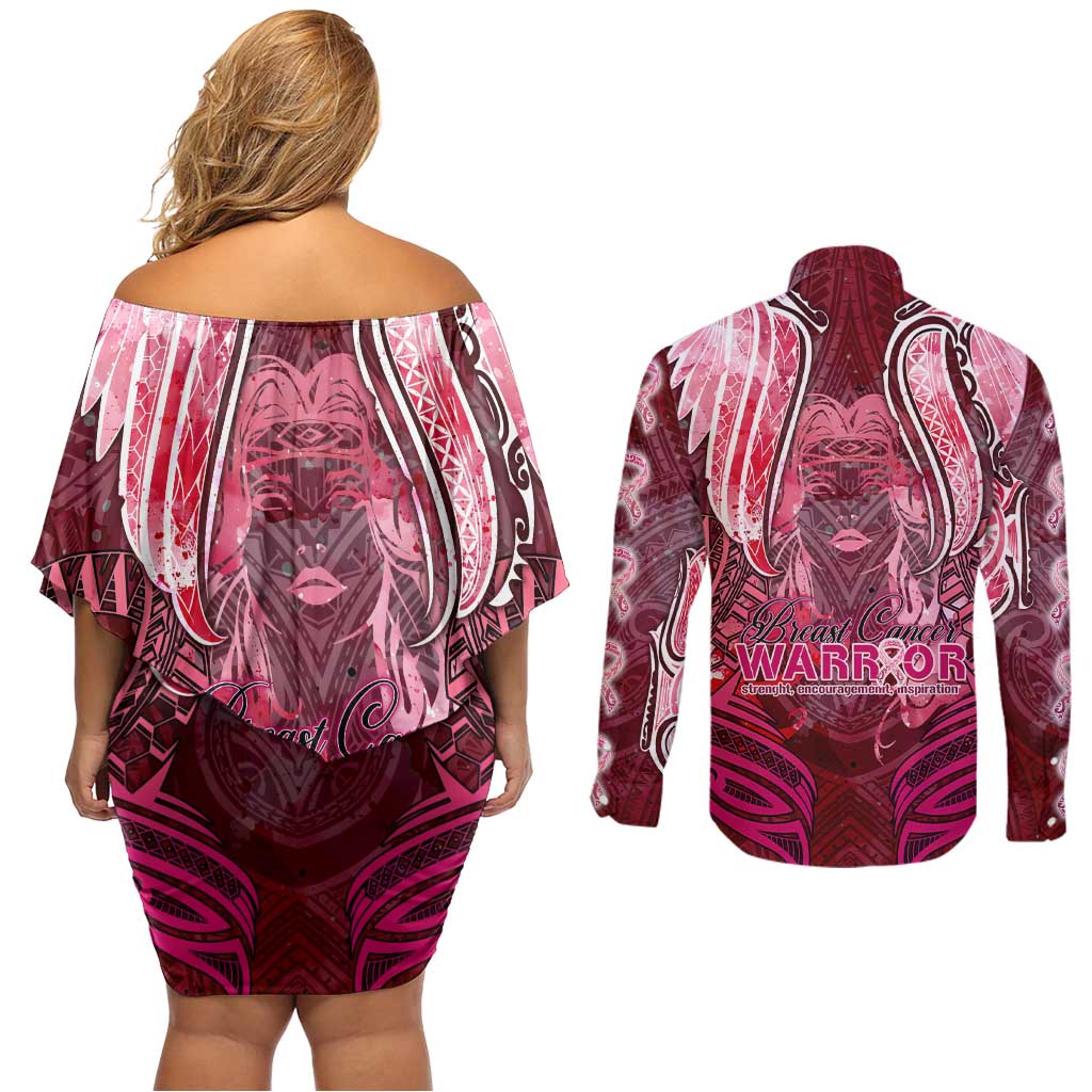 Breast Cancer Warrior Couples Matching Off Shoulder Short Dress and Long Sleeve Button Shirt Angel Wings Polynesian Pattern