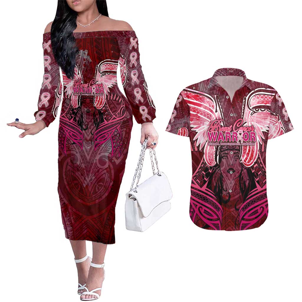 Breast Cancer Warrior Couples Matching Off The Shoulder Long Sleeve Dress and Hawaiian Shirt Angel Wings Polynesian Pattern