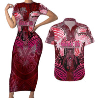Breast Cancer Warrior Couples Matching Short Sleeve Bodycon Dress and Hawaiian Shirt Angel Wings Polynesian Pattern