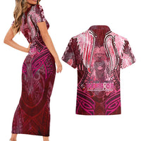 Breast Cancer Warrior Couples Matching Short Sleeve Bodycon Dress and Hawaiian Shirt Angel Wings Polynesian Pattern