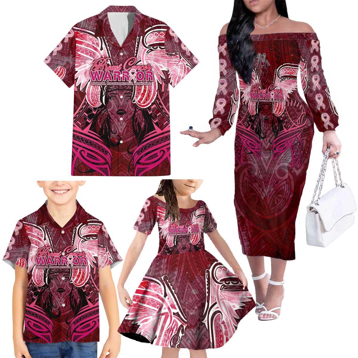 Breast Cancer Warrior Family Matching Off The Shoulder Long Sleeve Dress and Hawaiian Shirt Angel Wings Polynesian Pattern