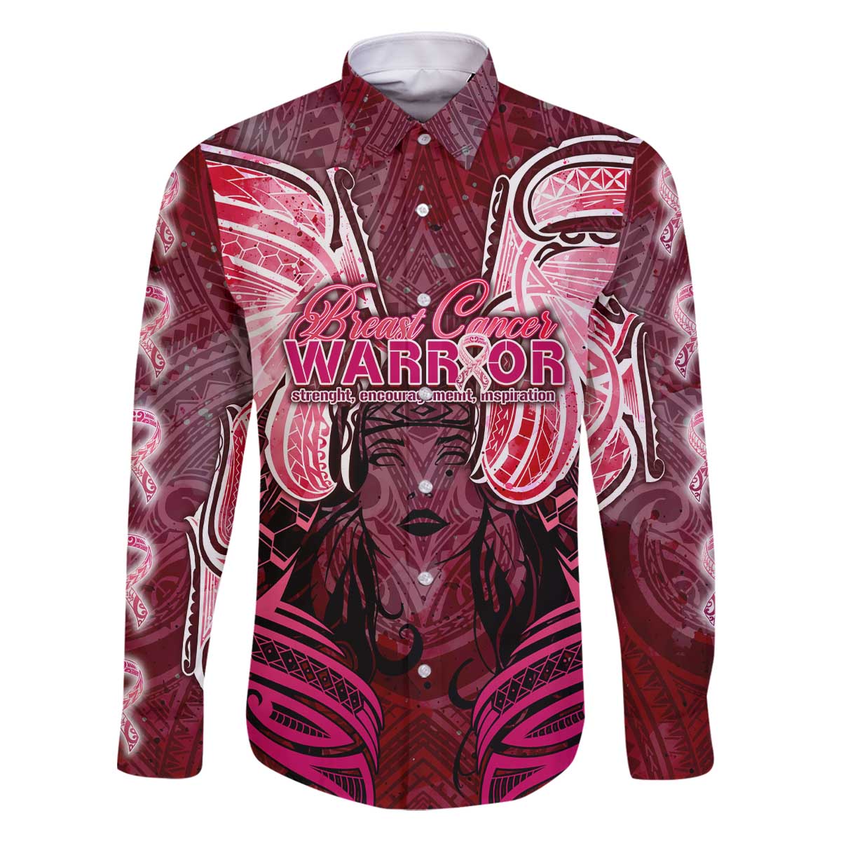 Breast Cancer Warrior Family Matching Off The Shoulder Long Sleeve Dress and Hawaiian Shirt Angel Wings Polynesian Pattern