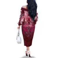 Breast Cancer Warrior Family Matching Off The Shoulder Long Sleeve Dress and Hawaiian Shirt Angel Wings Polynesian Pattern