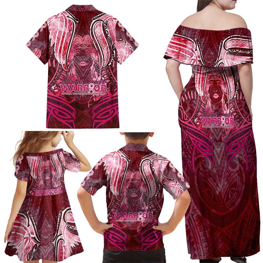 Breast Cancer Warrior Family Matching Off Shoulder Maxi Dress and Hawaiian Shirt Angel Wings Polynesian Pattern