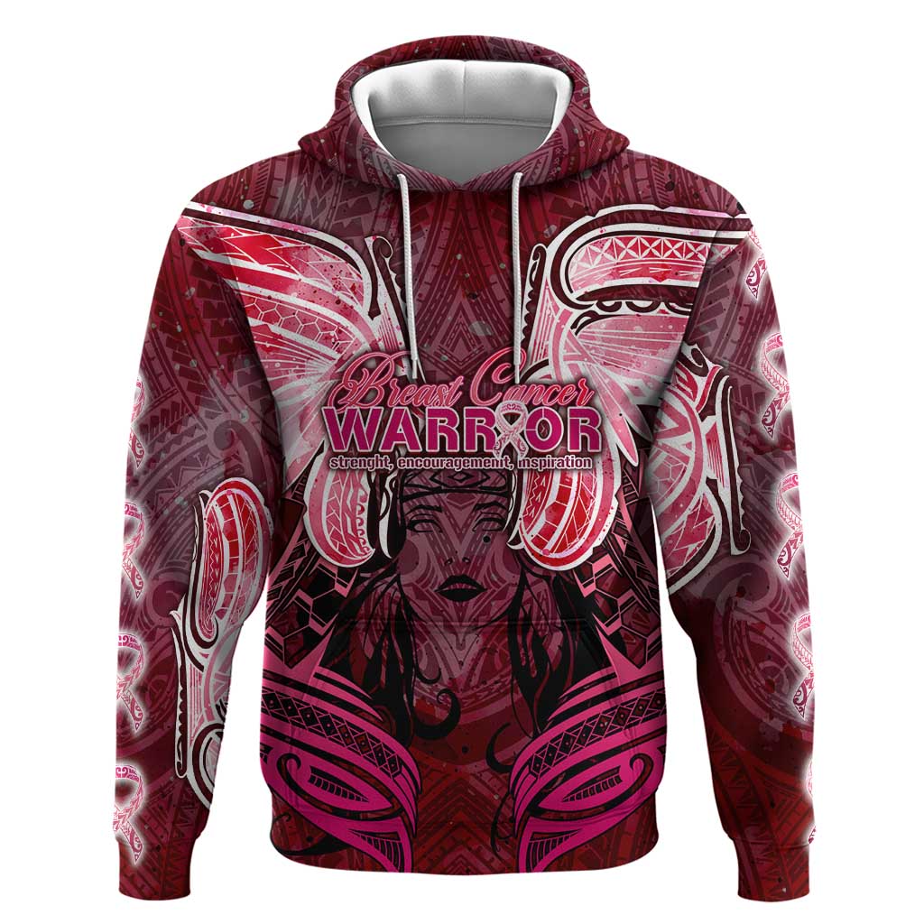 Breast Cancer Warrior Hoodie Angel Wings Polynesian Pattern