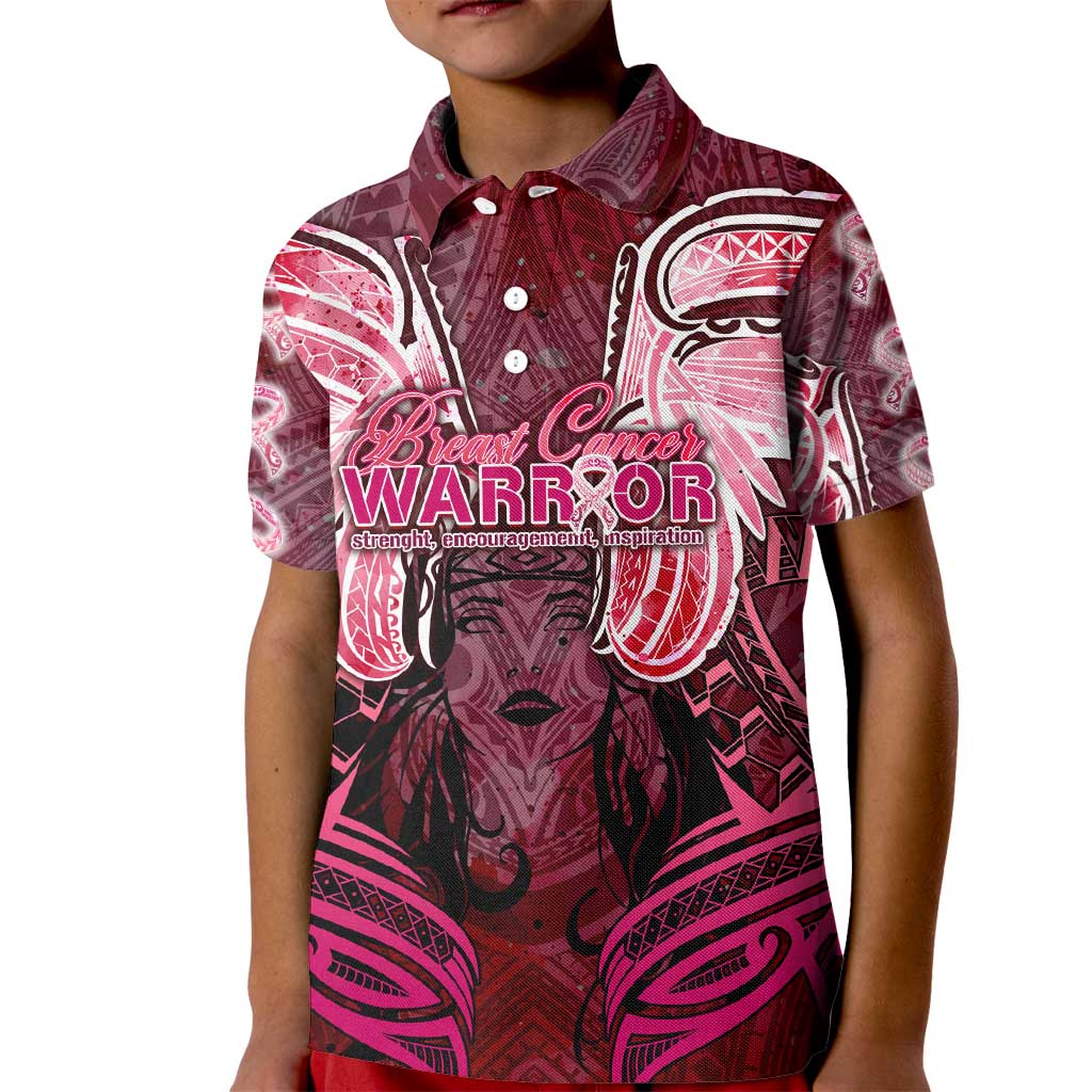 Breast Cancer Warrior Kid Polo Shirt Angel Wings Polynesian Pattern