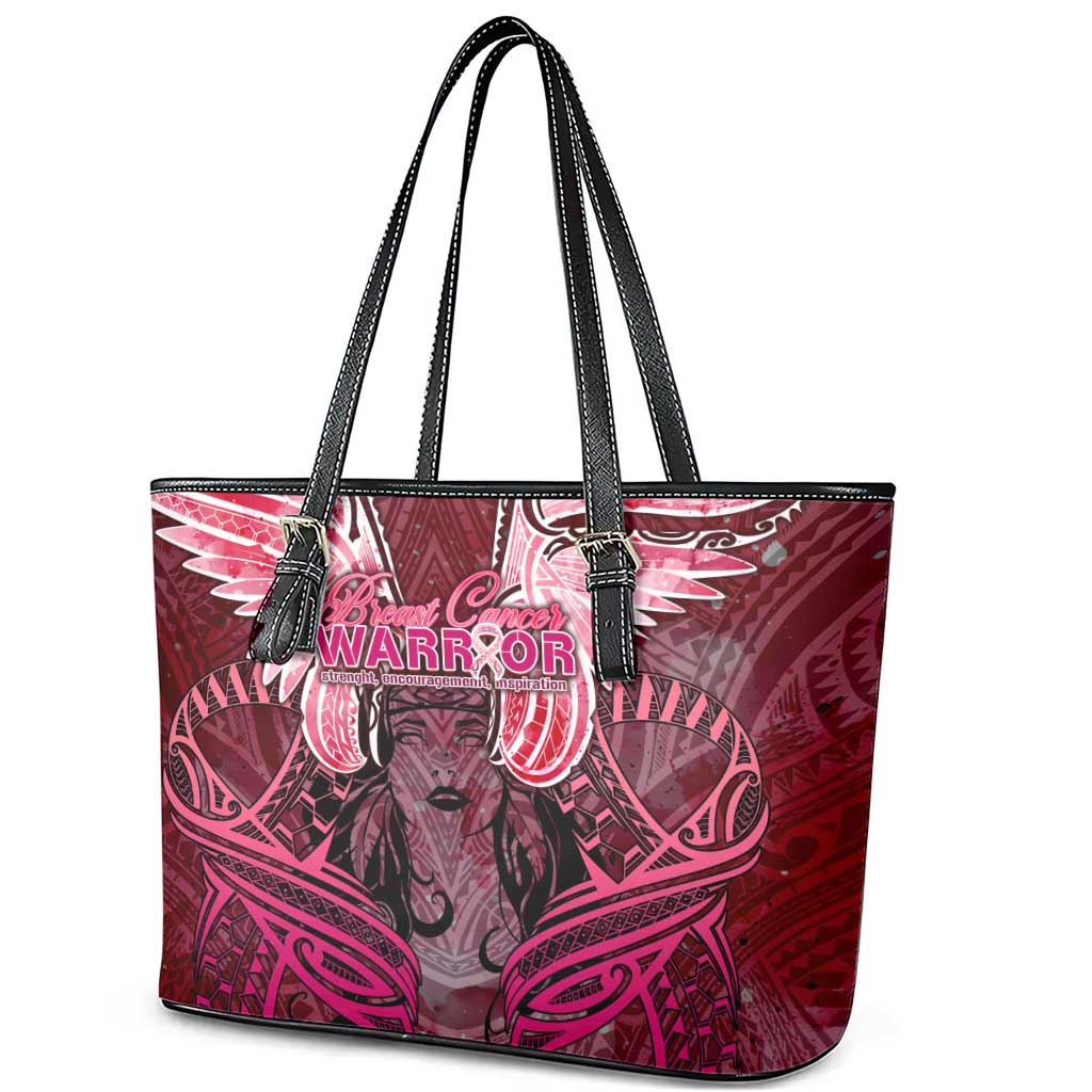 Breast Cancer Warrior Leather Tote Bag Angel Wings Polynesian Pattern